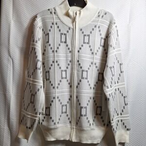 Vtg SILVERSILK Full Zip Knit Cardigan Sz M White Gray Geo Dad Grandpa Jacket EUC